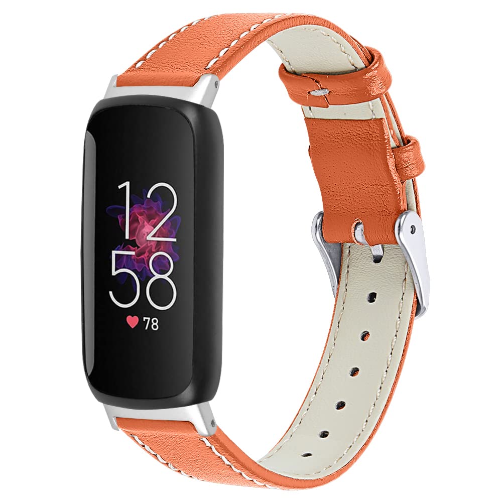 Juaupepo Leather Band Compatible with Fit bit Inspire 3, Women Men Soft Leather Bands Quick Release Wristband Adjustable Strap for Inspire 3 Fitness Tracker (Orange)