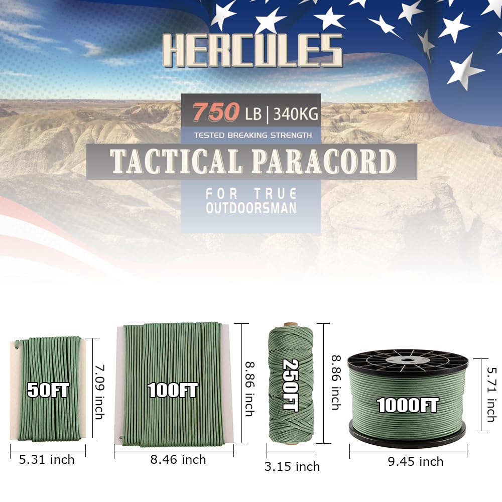 HERCULES 750lb Paracord 4mm 11 Strands Tactical Parachute Cord, 50' 100' 250' 1000' Utility Rope for Camping, Survival, Outdoor Gear (Olive Green, 50FT)
