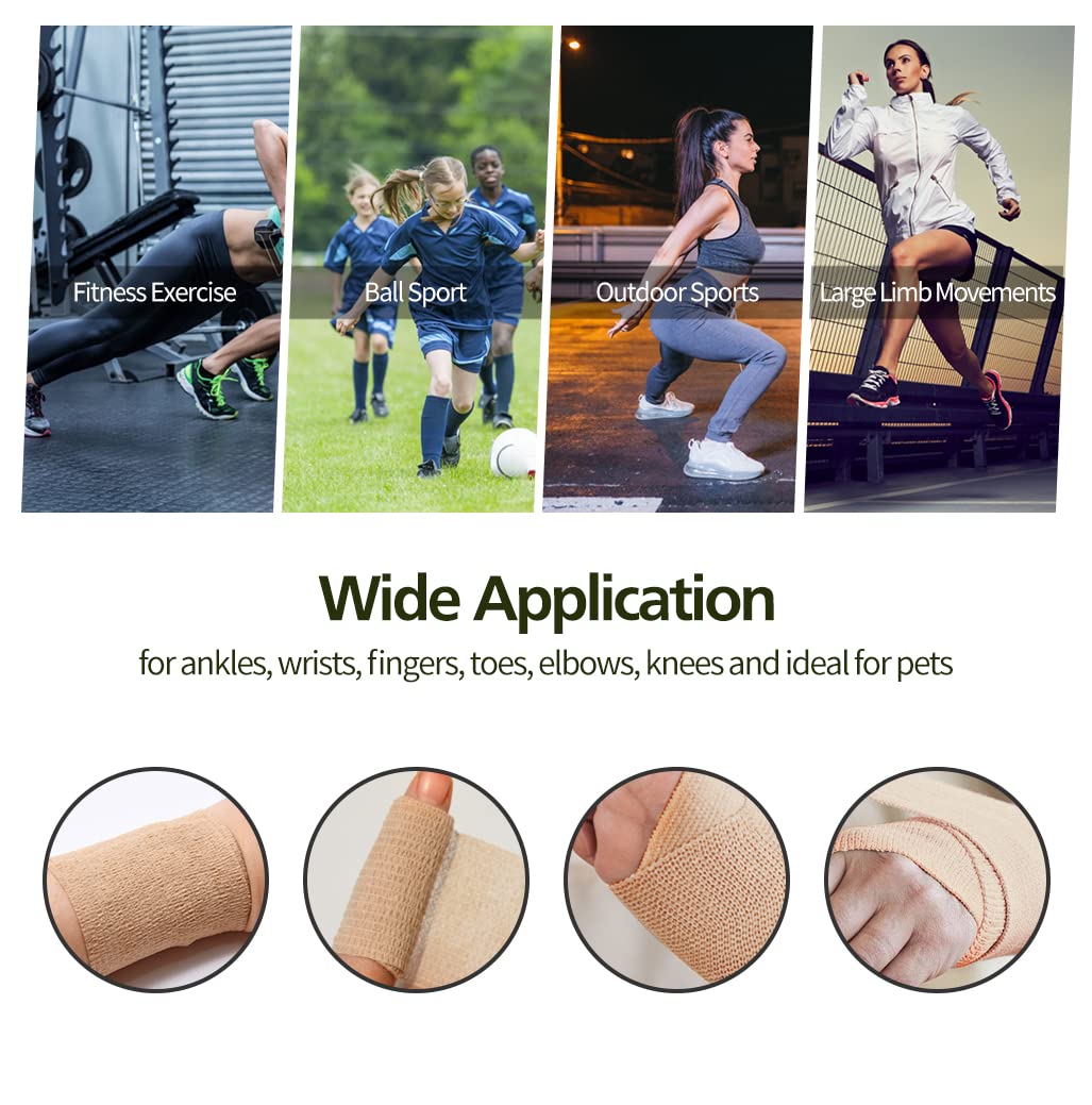 2" Self Adhesive Bandage Wraps, 6pcs Vet Wraps, Black, 5 Yard Self Adherent Wraps for Sports, Wrist, Ankle and Swelling