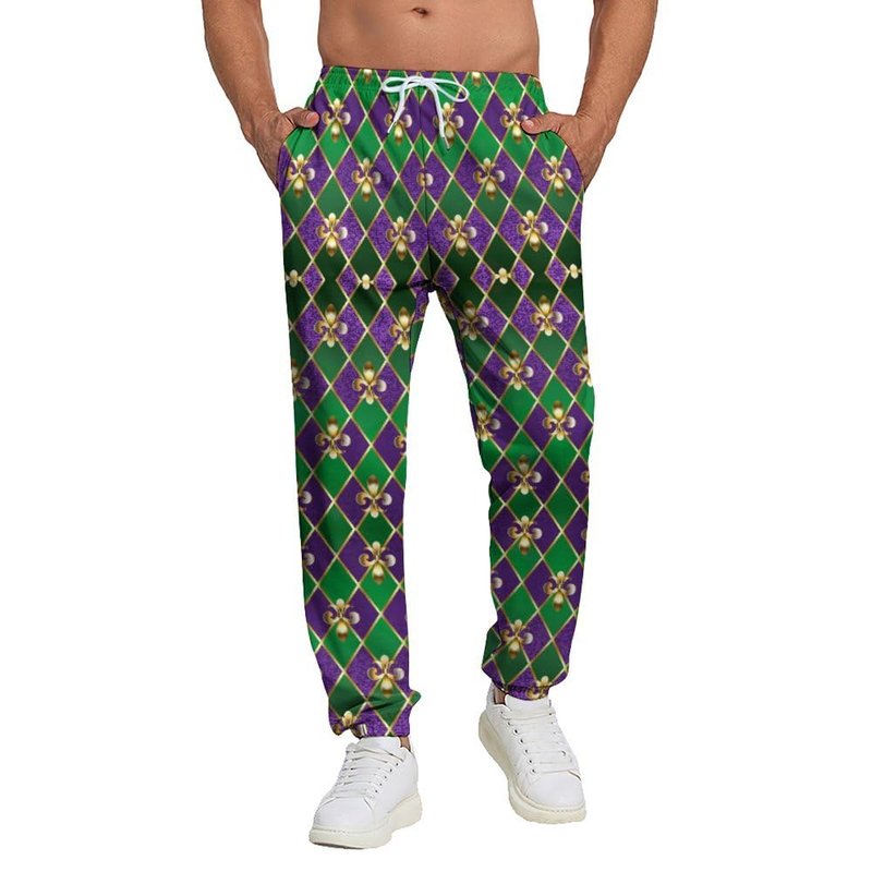 Purple Mardi Gras Jogger Sweatpants for Men,Retro Jogger Pants Outfit Funny Sports Trousers Casual Workout Pants L