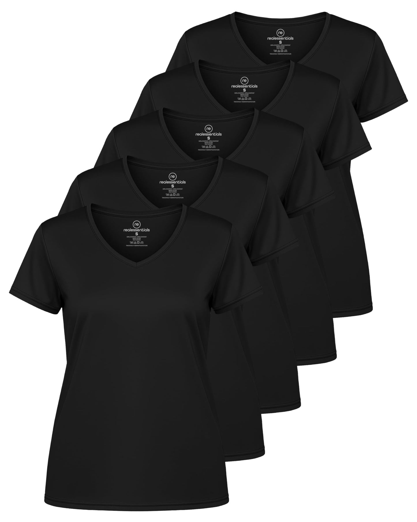 Real Essentials 5 Pack: Women's Dry-Fit Short Sleeve V Neck T Shirt Workout Fitness Yoga Top Tee, Set 5, L