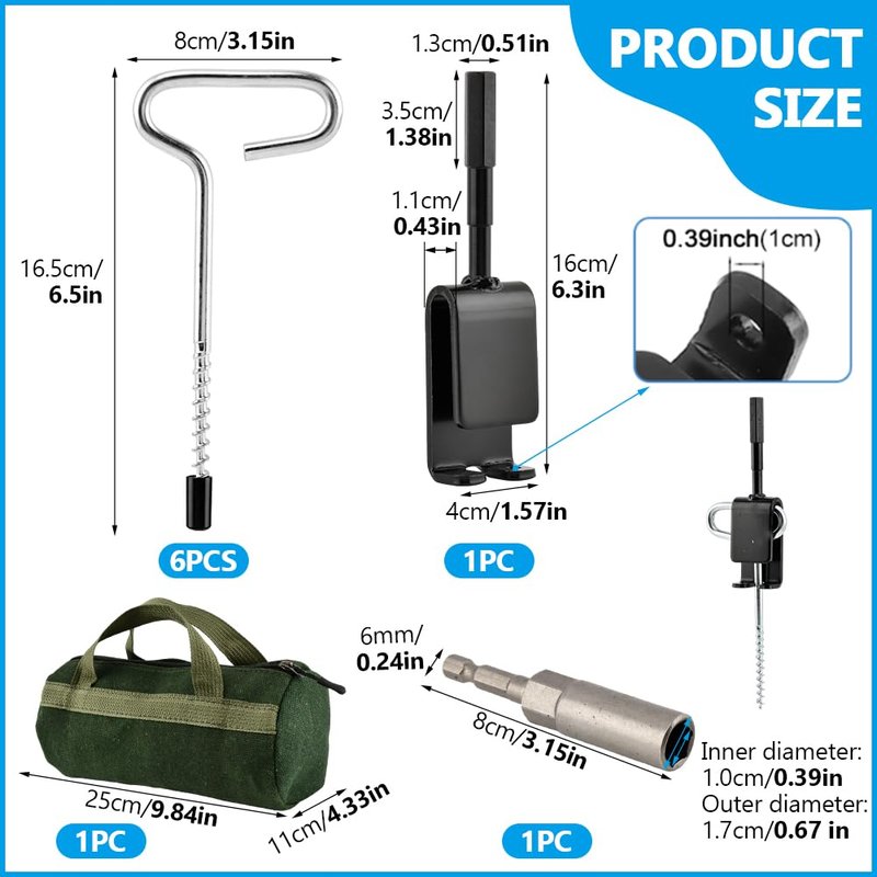Ice Anchor Tool Kit, Ice Fishing Tent Stakes & Nails with Drill Adapter, Stainless Steel Auger Accessories Set with Threaded Gear & Protective Bag for Camping Shelters and Shanties