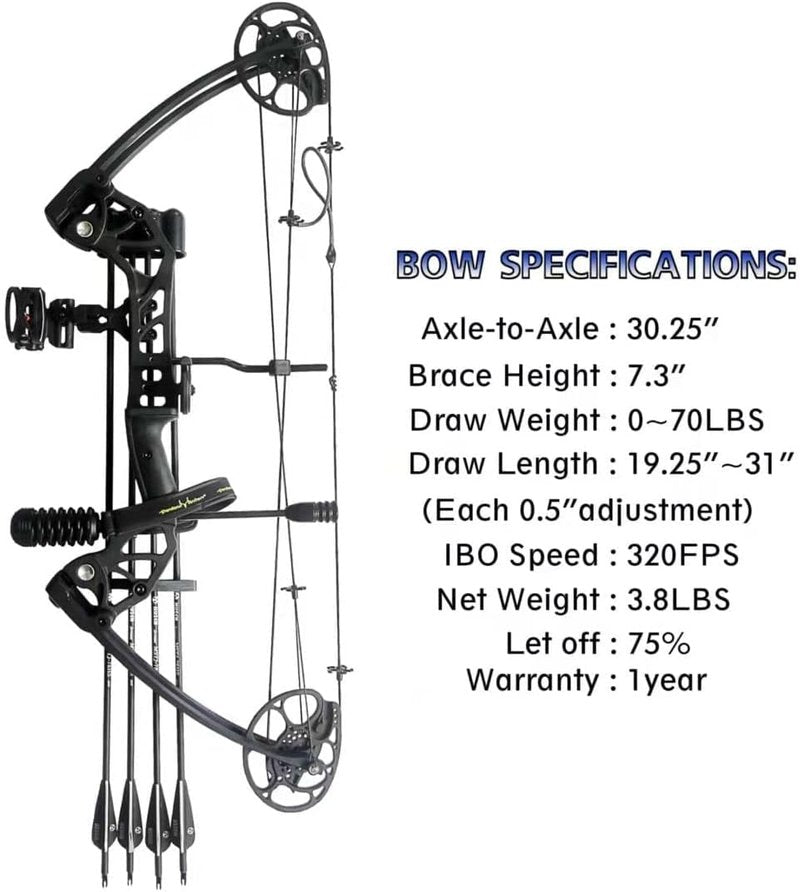 Compound Bow 0-70 Lbs Adjustable Draw Weight | Beginner & Intermediate Archers, 19.25"-31", IBO 320 fps, Complete Hunting Kit