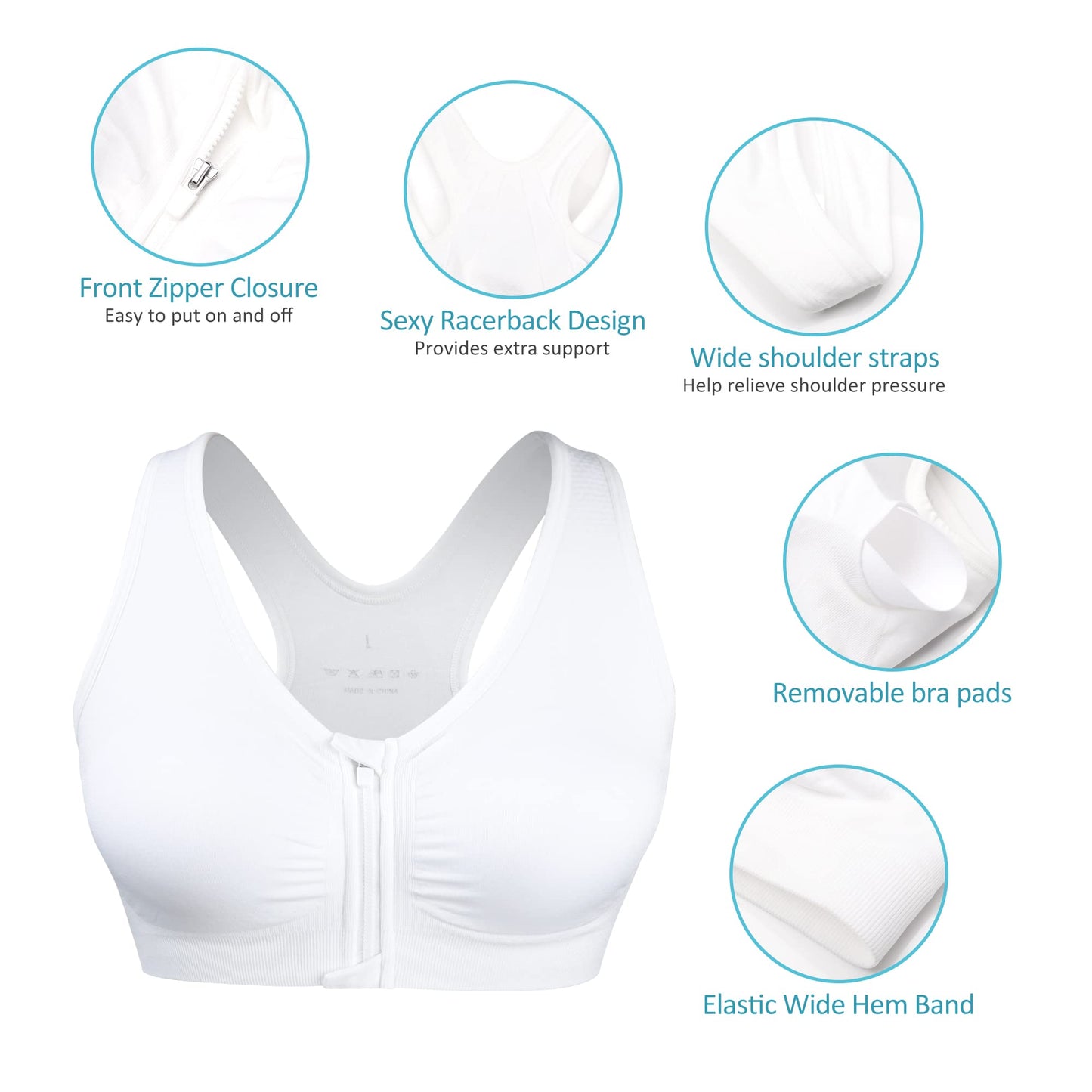 Women's Zip Front Sports Bra - Wireless, Padded, Racerback, Running, Yoga, Seamless Mastectomy Bra - Post-Surgery Zipper Closure