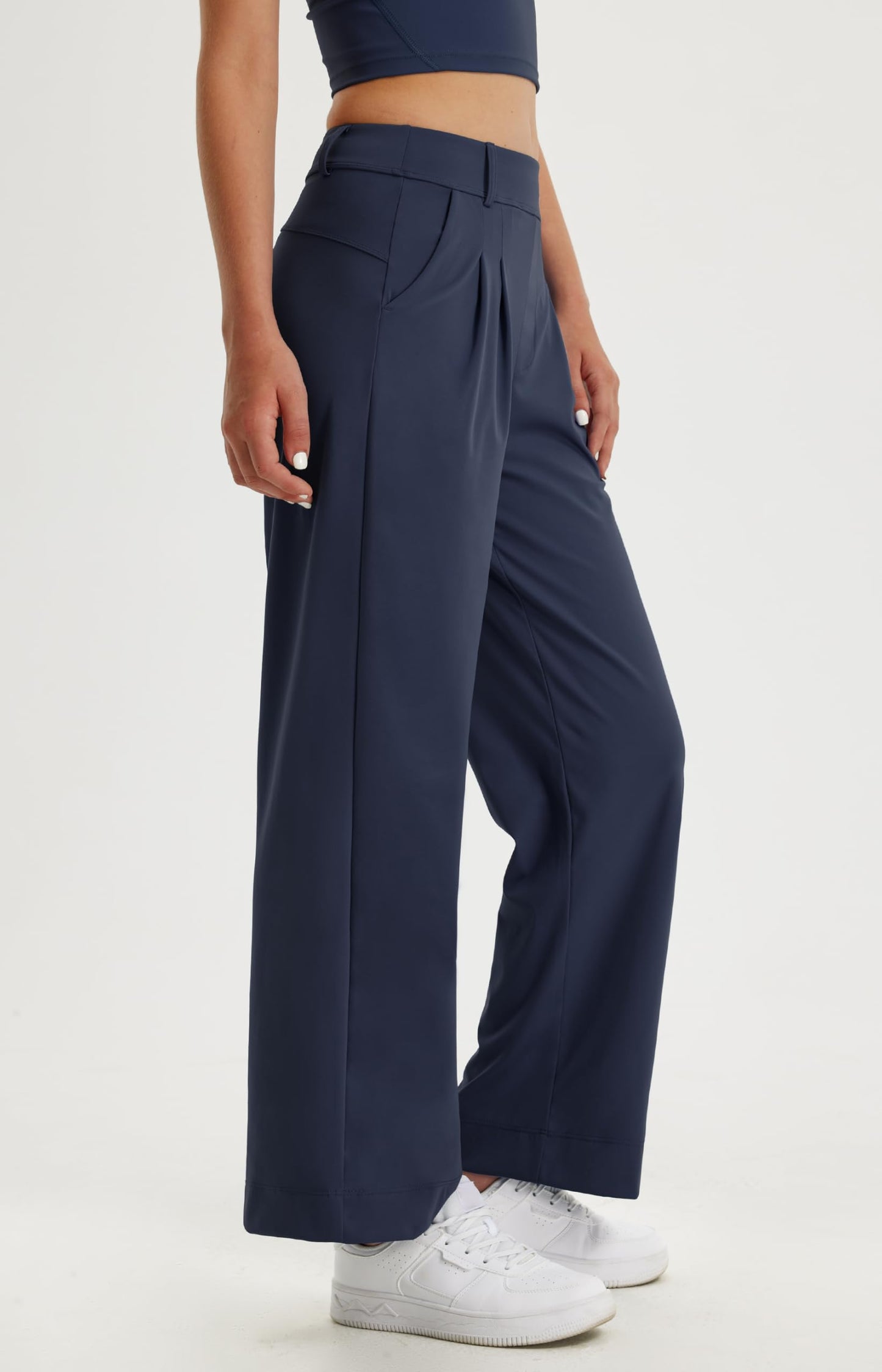 Libin Women's Wide Leg Work Pants 29" High Waisted Stretch Dress Casual Sweatpants Business Office Pants Trousers with Pockets,Navy Blue,Medium