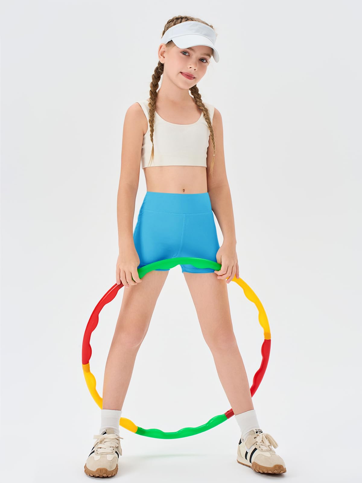 Haloumoning Girls Athletic Shorts Kids High Waisted Yoga Dance Biker Shorts Comfy Gymnastics Shorts 5-14Y Lake Blue