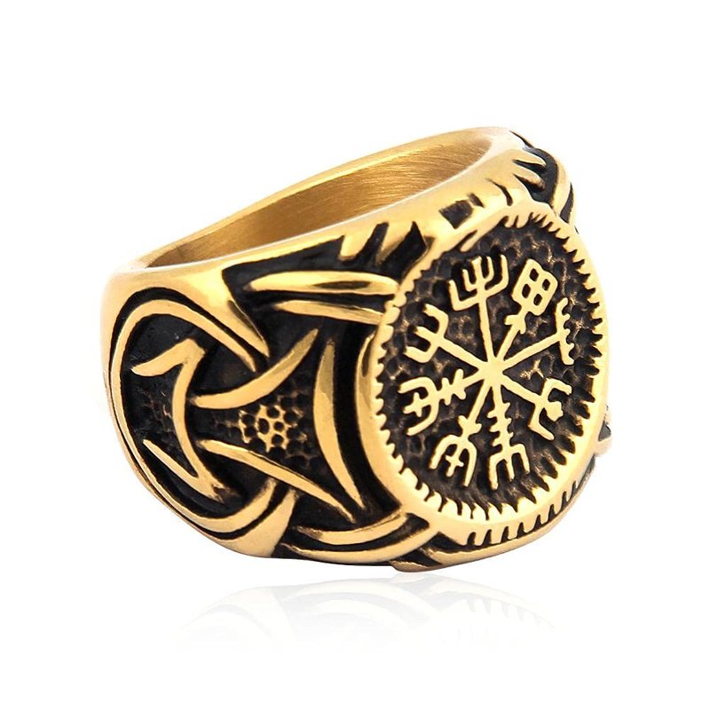BaviPower Viking Vegvisir Norse Compass Ring Stainless Steel Goldtone Accessory Guardian Protection Amulet