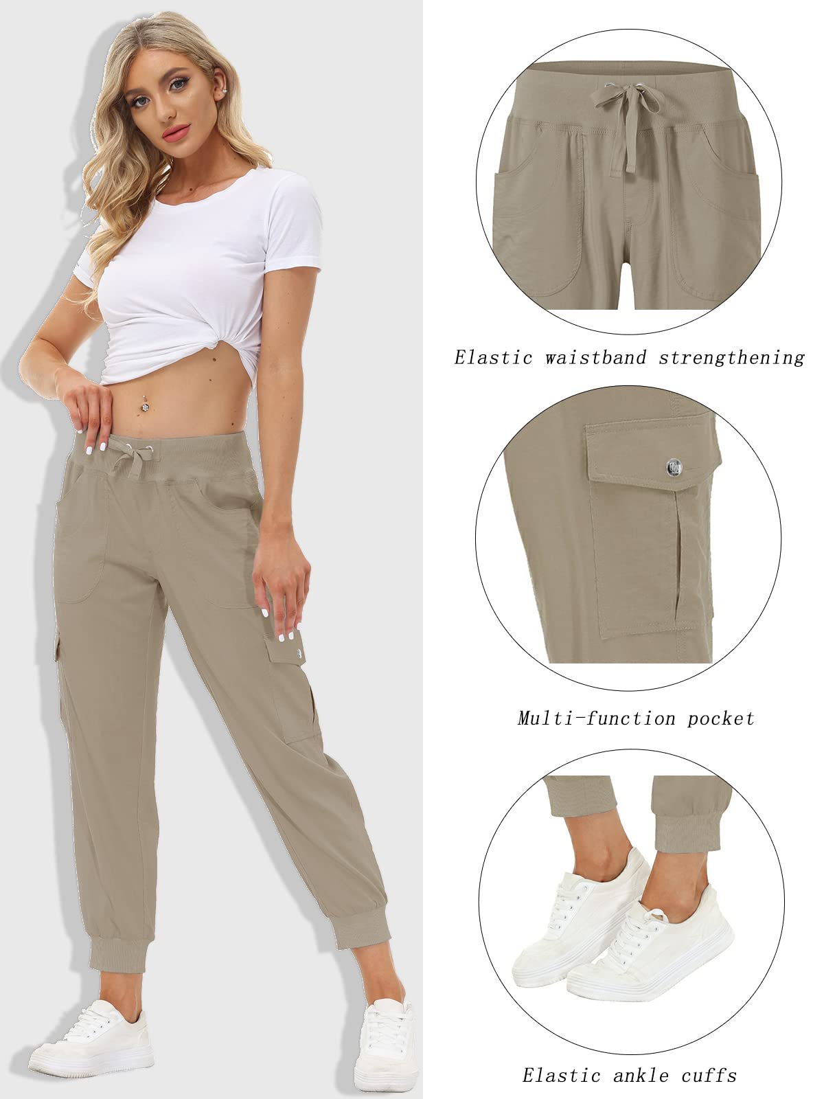 MoFiz Women's Cargo Pants Hiking Joggers Summer Lightweight Quick Dry Athletic Outdoor Sports Sweatpants Travel Casual Button Pockets Khaki L