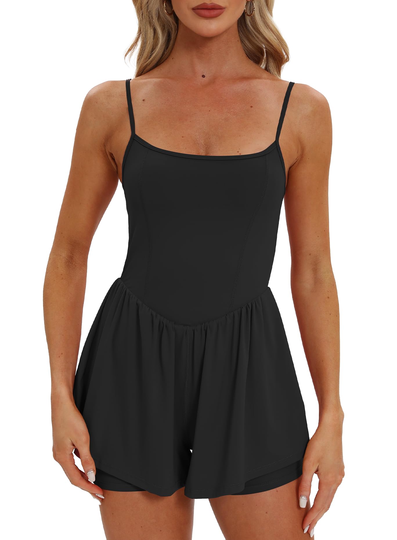 Beaully Women's Summer One Piece Sleeveless Rompers Spaghetti Strap Double Lined Shorts Overalls Jumpsuit 6110 Black M
