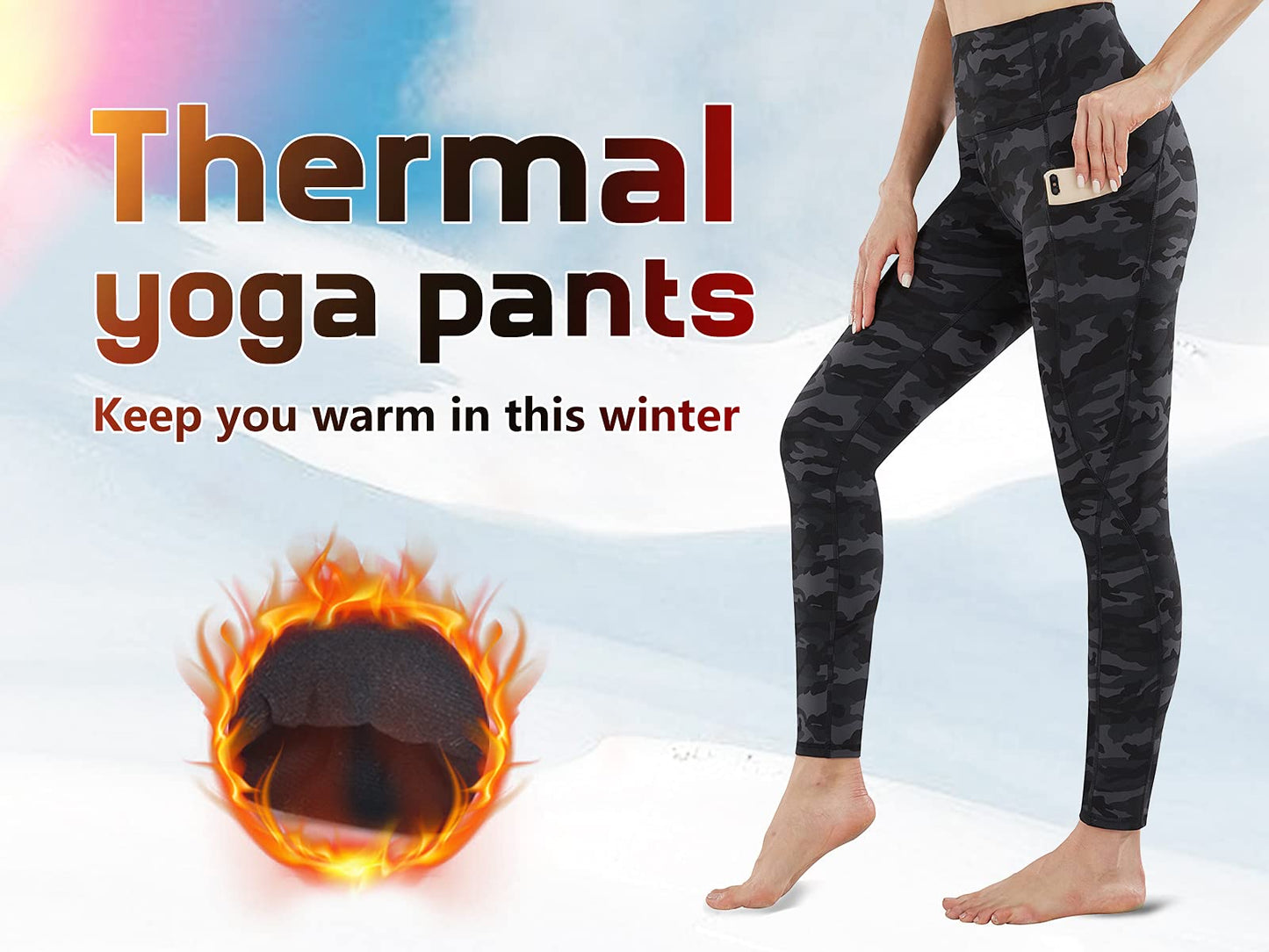 PHISOCKAT Women's Fleece Lined Winter Leggings High Waisted Thermal Warm Yoga Pants with Pockets (Black Camo(Fleece Lined), X-Small)