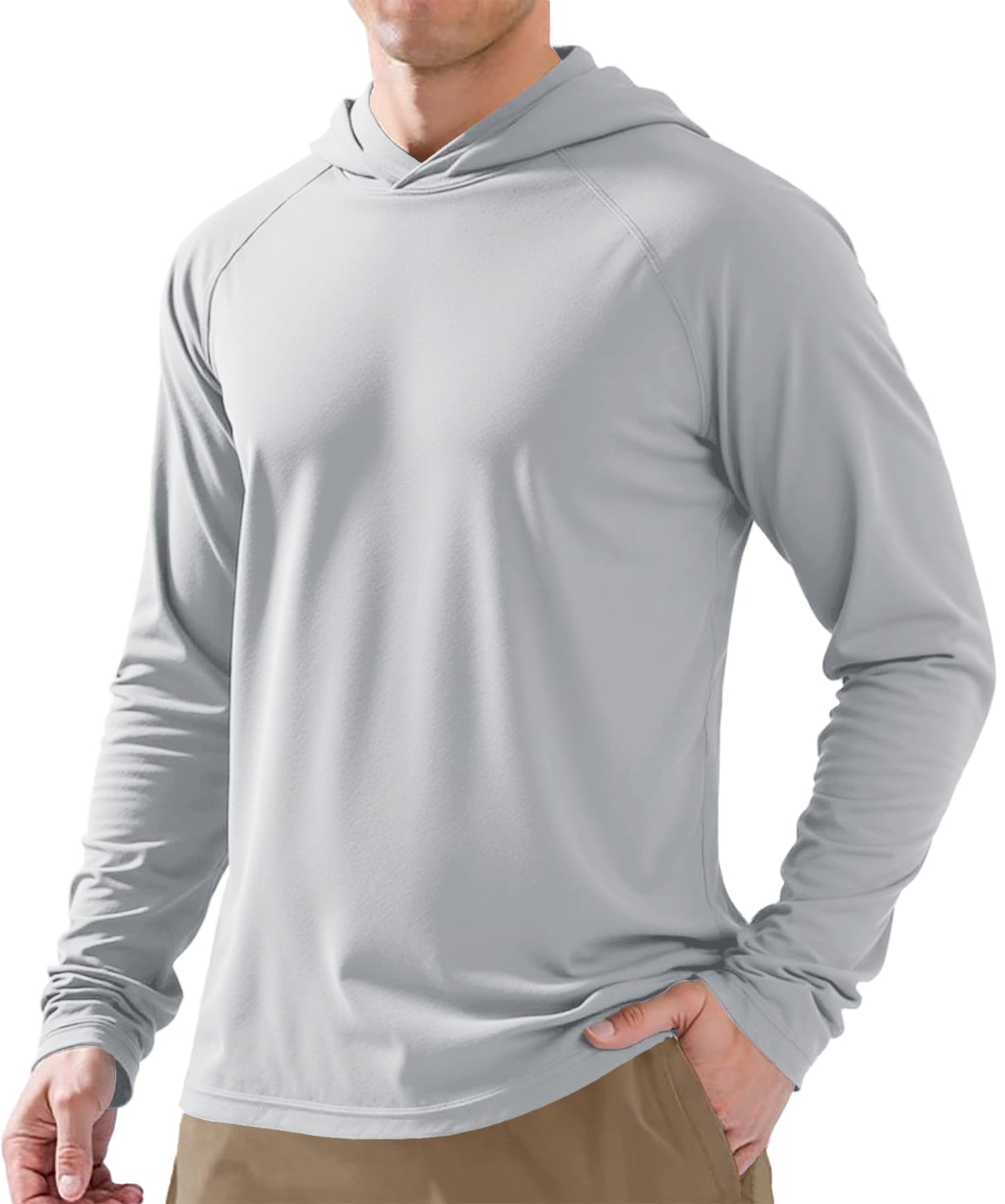 PLUMZJOY Men's UPF 50+ Sun Protection Long Sleeve Hoodie Shirt Outdoor UV Fishing Shirts for Workout, Running, Fishing, Hiking Light Grey L