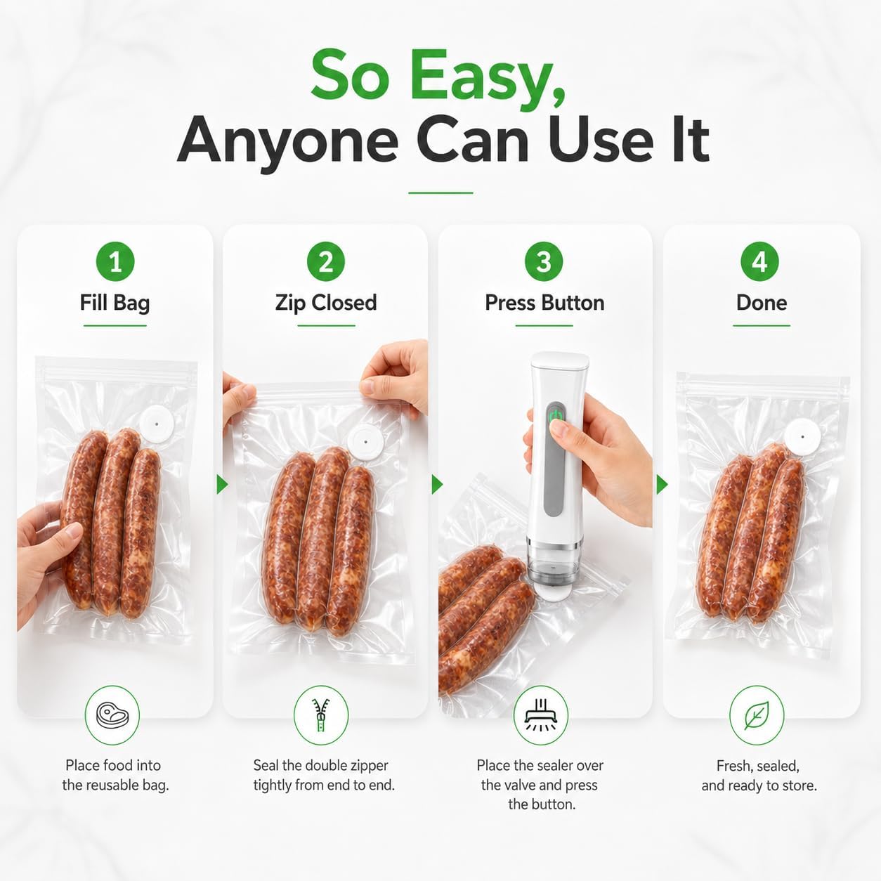 Handheld Vacuum Sealer for Food, Compact Portable Cordless Vacuum Sealer with 30 Reusable Bags, One-Touch Food Sealer for Kitchen, Freezer & Travel