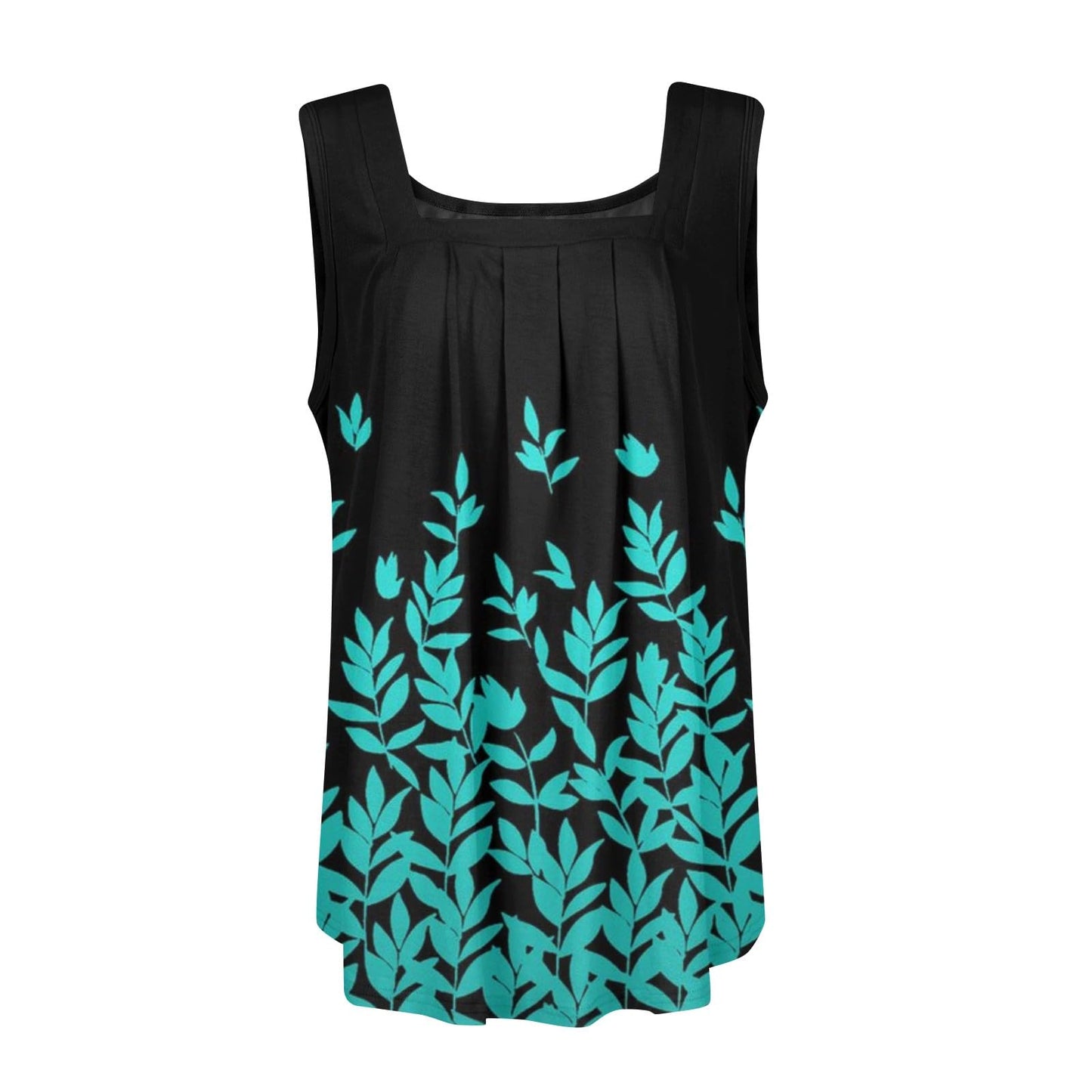 Womens Summer Tops, Summer Basic Tanks Tunic Tank Ladies School Square Neck Light Polyester Tank Floral Comfortable Pleated Tops Lady Cyan