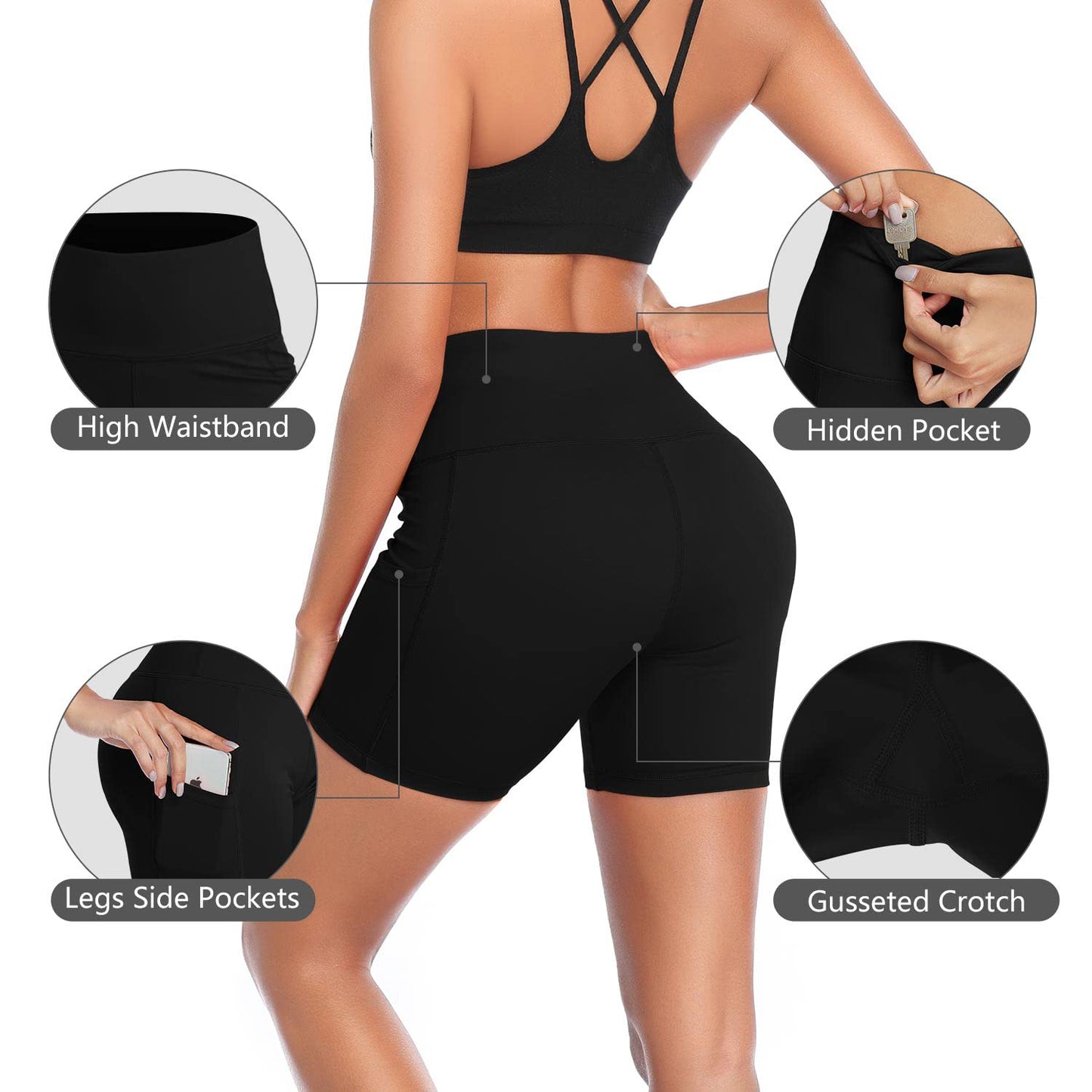 DAYOUNG Women Yoga Shorts High Waist Tummy Control Workout Biker Running Athletic Compression Short with Pockets Y27-Black-XL