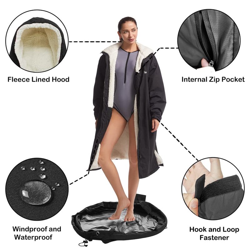 Hiturbo Warm Waterproof Swim Parka: Oversized Hooded Changing Robe - Sherpa Liner Swimming Coat - Recycled Fabric Surf Poncho (Black)