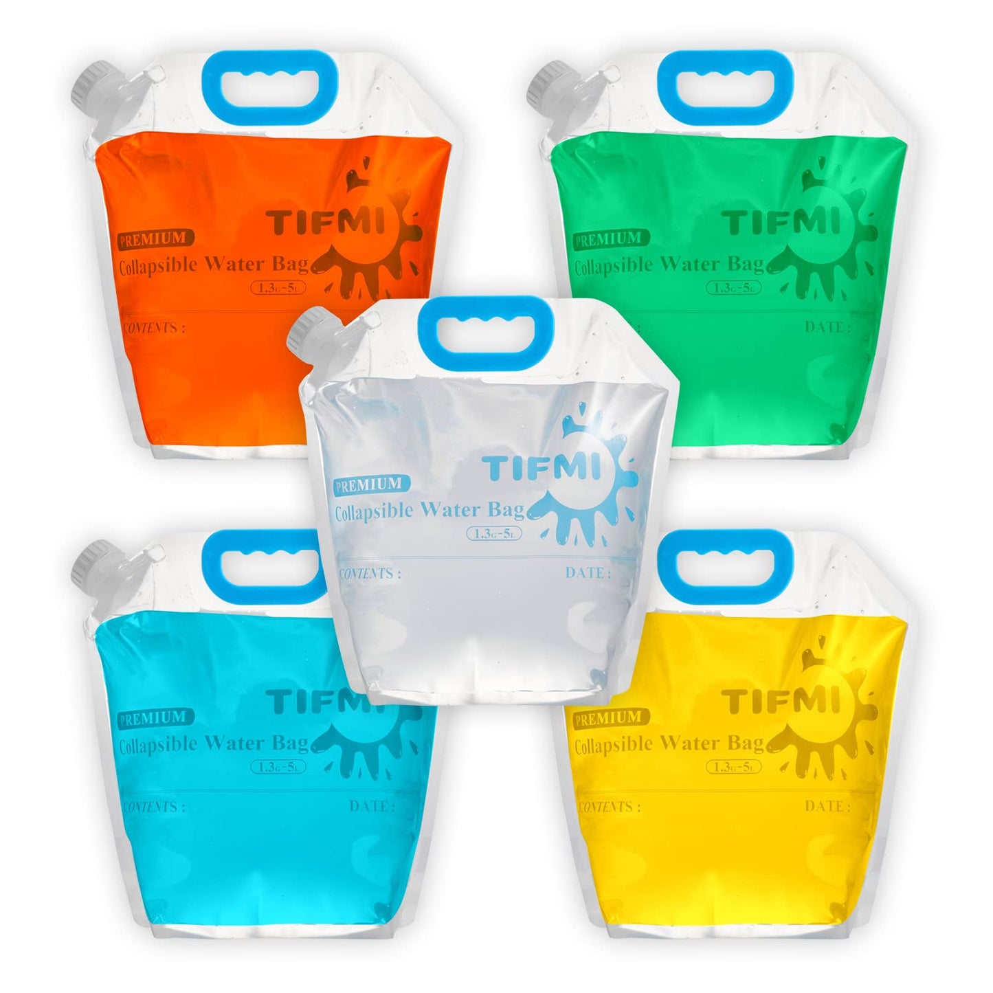 TIFMI 5 Pack 1.3 gallon water jug, Collapsible Water Container Bag, BPA Free Food Grade Clear Plastic Storage Tank for Camping Hiking Backpack Emergency, No-Leak Freezable Foldable Water Bottle