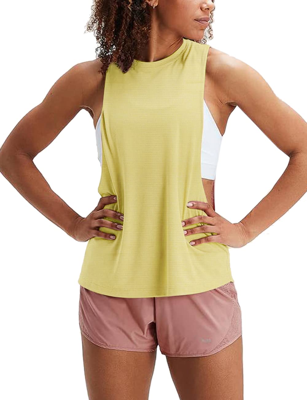 Womens Workout Fitness Tank Tops Cropped Sleeveless Gym Yoga Running Athletic Shirts Yellow L