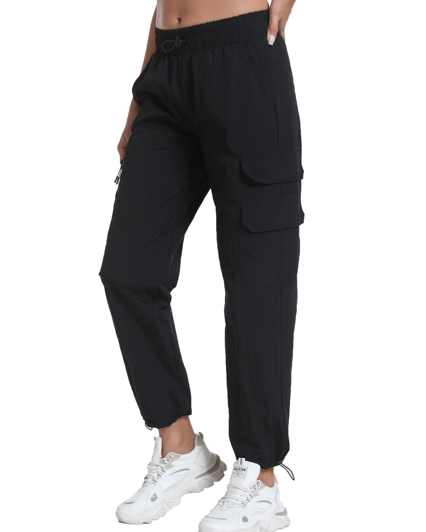 Yoglegins Women's Lightweight Hiking Joggers with Pockets - Water Resistant Cargo Pants for Outdoor Workouts Camping (Black Straight, Medium)