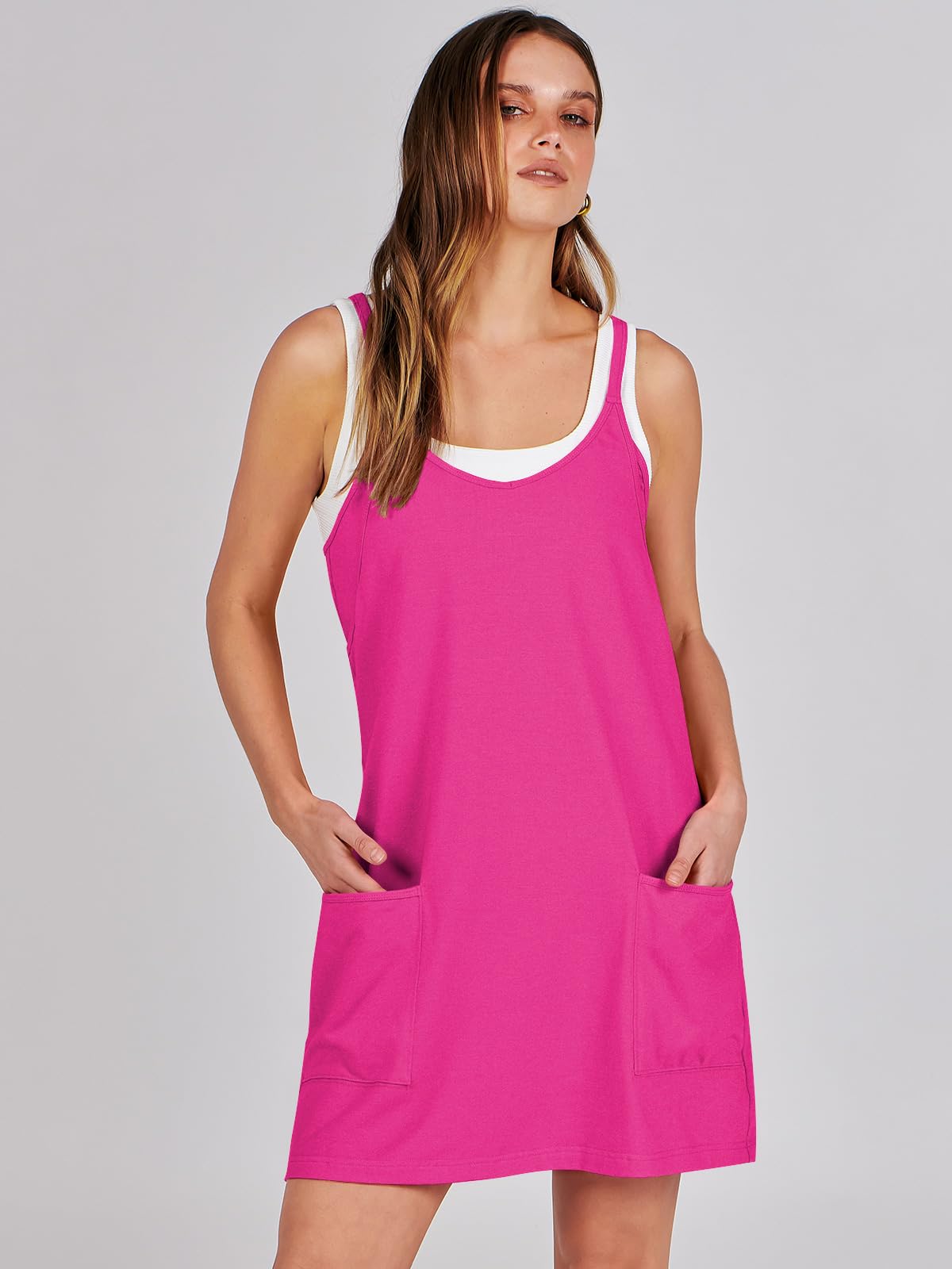 ANRABESS Women Athletic Dress Summer Tennis Workout Active Sports Mini Romper Dress Built in Shorts Travel Vacation Clothes Hot Pink Small