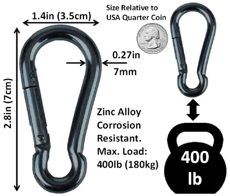Branded Boards Black & Silver Zinc-Galvanized Heavy Duty Bushcraft Carabiner Spring Snap Clip Link Hooks 200-500lb Load 2, 6 & 12 Packs (Black-7cm-12 Pack)
