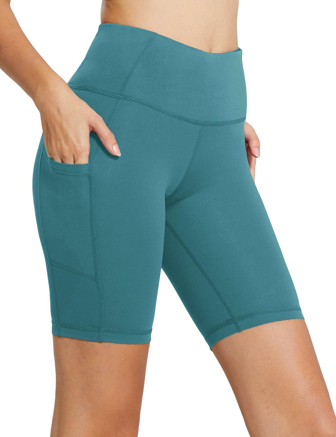 baleaf Biker Shorts Women Yoga Gym Workout Spandex Running Volleyball Tummy Control Compression with Pockets 8" Green M