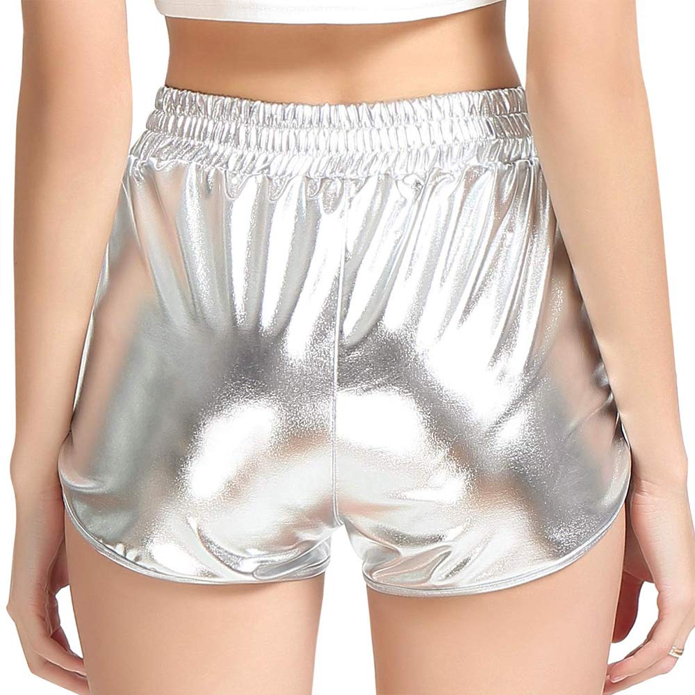 MAKARTHY Women's Metallic Shorts Elastic Waist Shiny Sparkly Rave Pants (Medium, Silver)