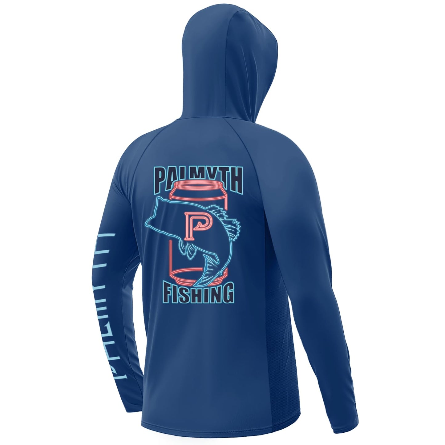 Palmyth Mens Fishing Shirts UV Sun Protection Vented Hoodie Long Sleeve with UPF 50+ Neck Gaiter Navy Ice Bass X-Large