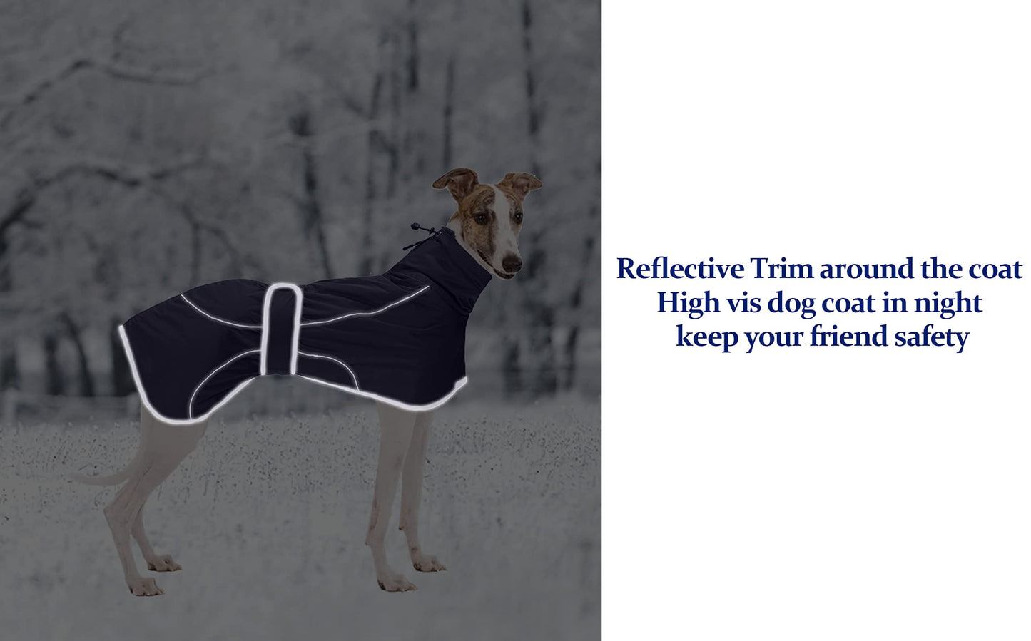 Greyhound Winter Coat, Whippet Coat with Padded Fleece Lining, Water Resistant Dog Jacket with Adjustable Bands and Reflective - Navy - XXXLarge