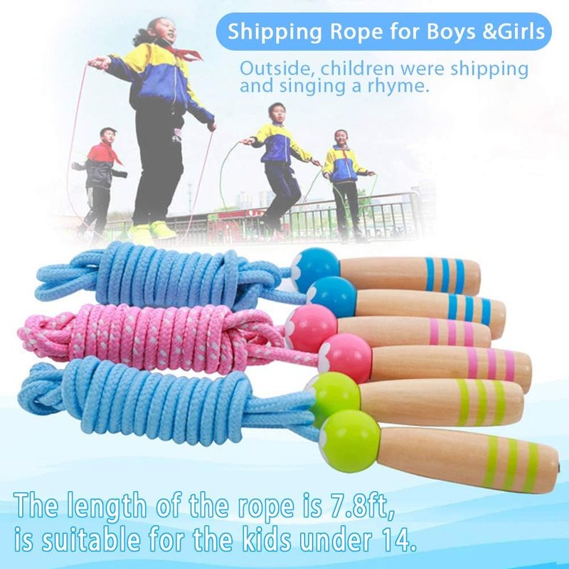Adjustable 7ft Kids Jump Rope - Cotton Skipping Rope with Wooden Handles for Outdoor Fitness