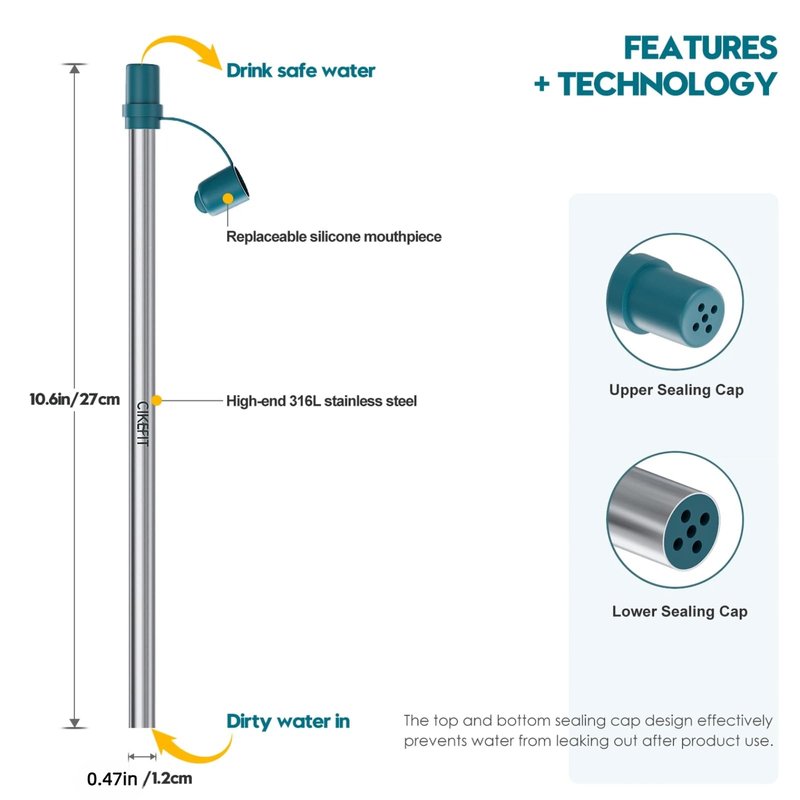 Personal Survival Straw.316L Stainless Steel Reusable Water Filter Straw Portable Water Purifier Straw for Camping Hiking Backpacking Travel, Emergency Survival Gear（ Dark Green,1 Pcs）