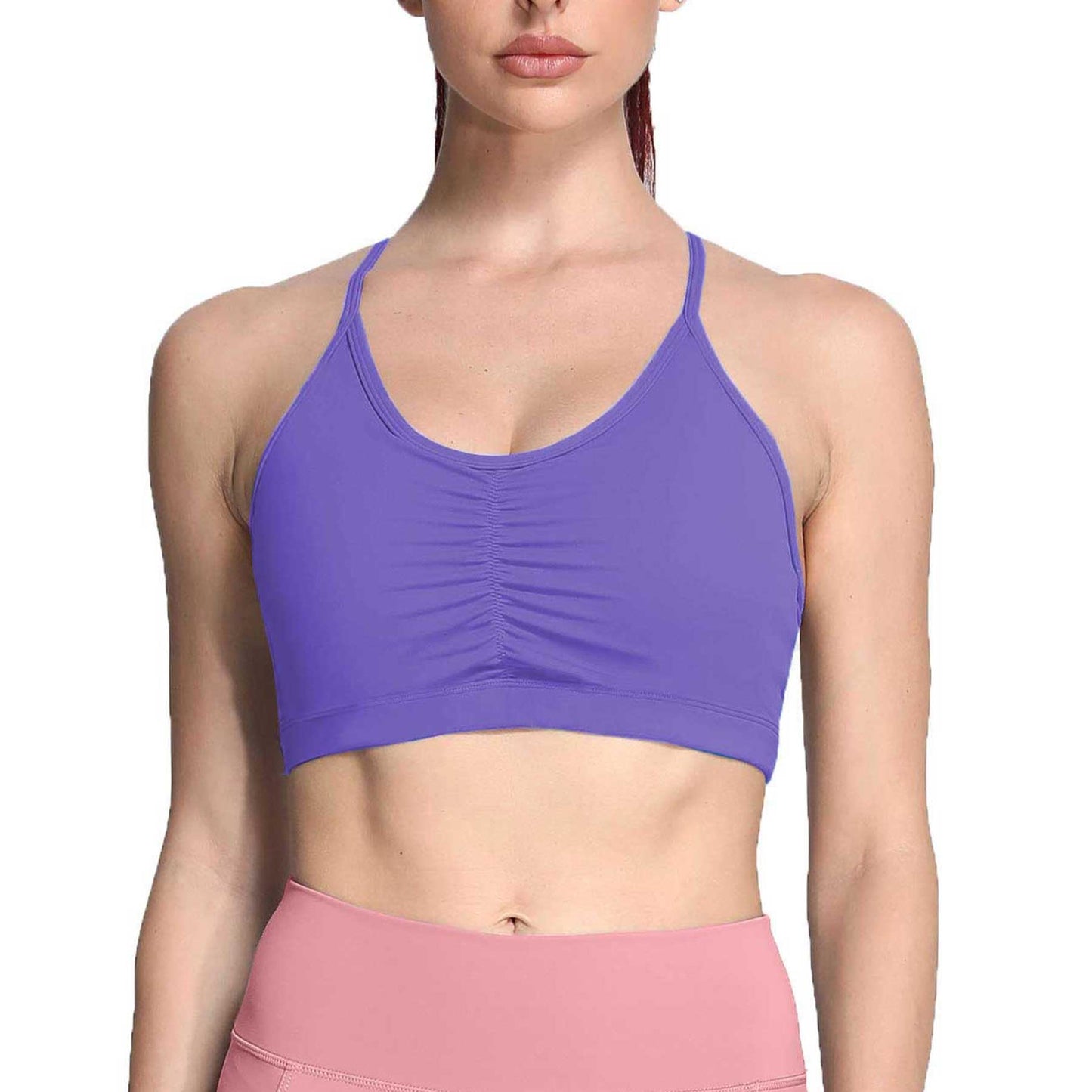 Aoxjox Sports Bras for Women Workout Fitness Ruched Training Baddie Cross Back Yoga Crop Tank Top (Violet, Medium)