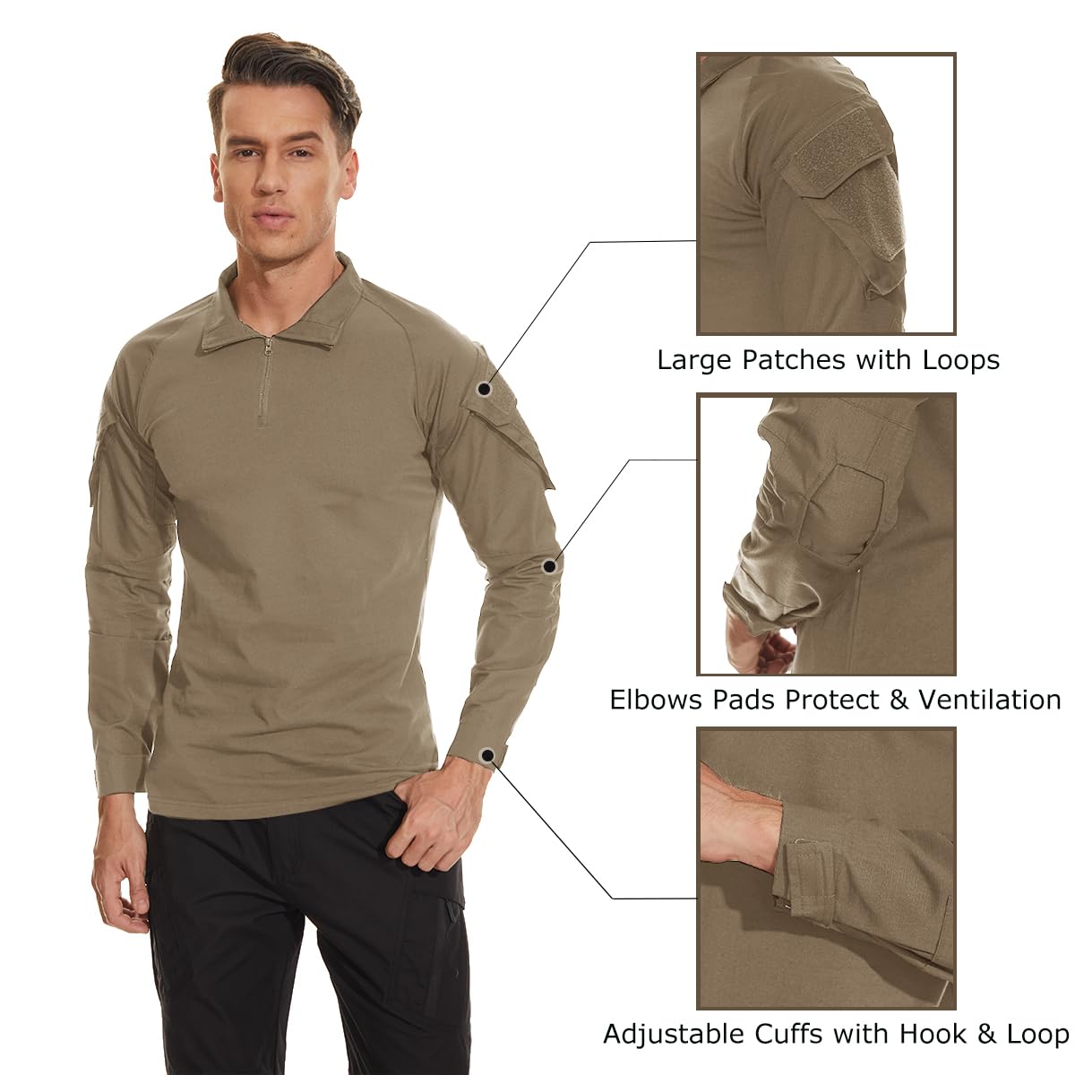 TACVASEN Men's Long Sleeve Combat Shirt Quarter Zip Military Tactical Shirts Ripstop Soft Army Combat Top Khaki S