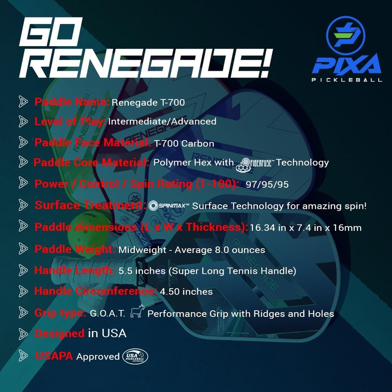 PIXA Renegade T-700 Carbon Face Pickleball Paddle; 16mm; Intermediate/Advanced; Friction Surface, Max Power, Control, and Spin; Great Gift!