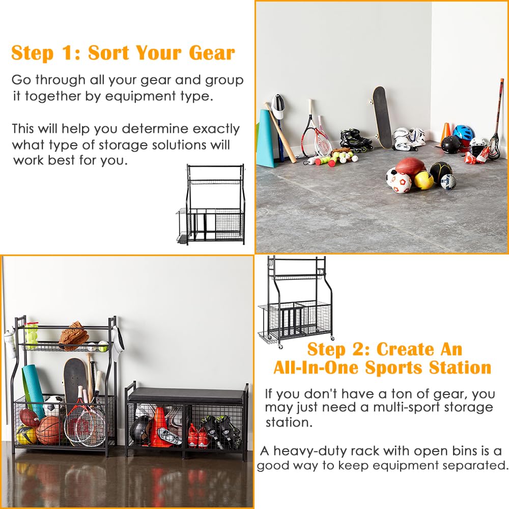 Snail 4-Tier Garage Sports Equipment Storage Organizer Sports Ball Storage Rolling Cart with Basket and Hooks Lockable Sports Ball Cage Storage Rack for Garages, Playgroup, Gym and Schools, Black