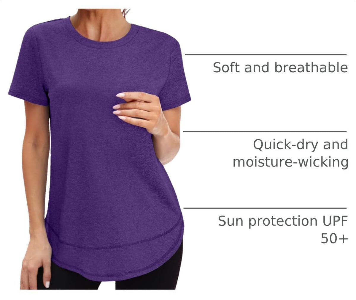 Short Sleeve Shirts for Women Workout Yoga Tops Sun Protection Clothing Summer Outfits Rash Guard Side Slit Purple XL