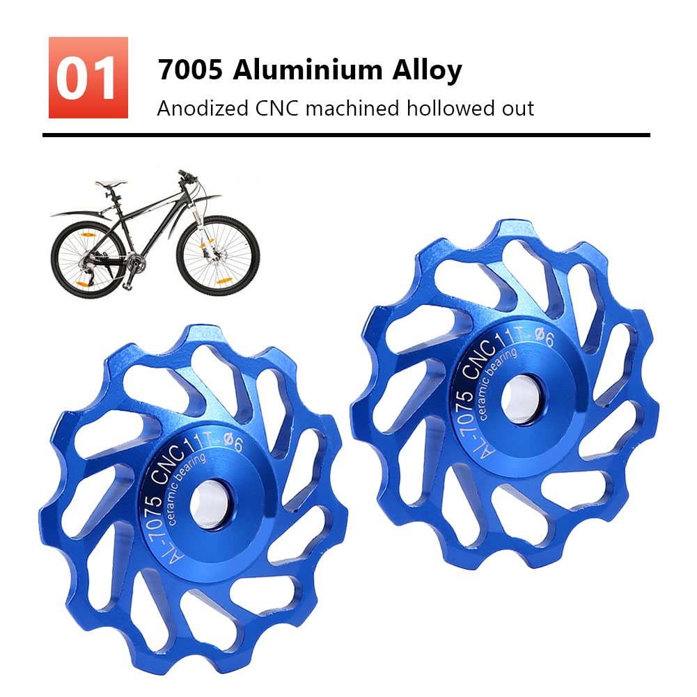 Ceramic Bearing Derailleur Pulley, Smooth Rolling Low Friction, 11T Road Bike Pulley Wheels, 2Pcs Blue for Cyclists Mechanics Road Cycling Maintenance