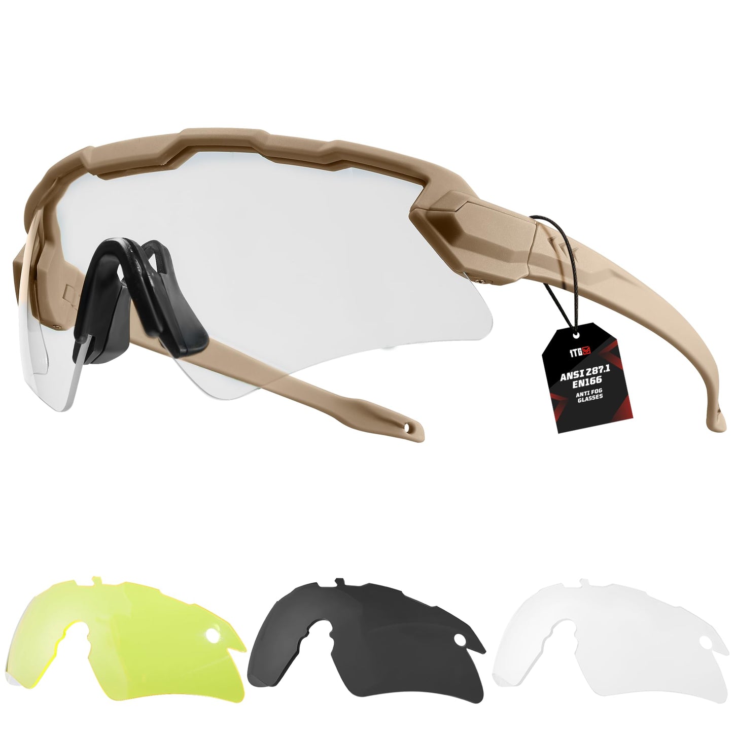 1TG Tactical Safety Shooting Glasses - Anti-Fog Tactical Goggles with 3 Lens & Hard Case, Impact-Resistant Protective Eyewear
