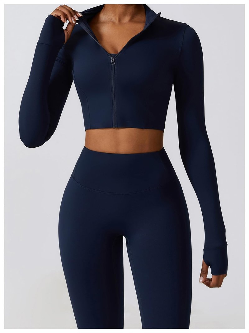 3 Piece Women Workout Set Sports Bra Crop Top Jacket with Thumb Holes Tummy Control High Waist Leggings M Navy Blue