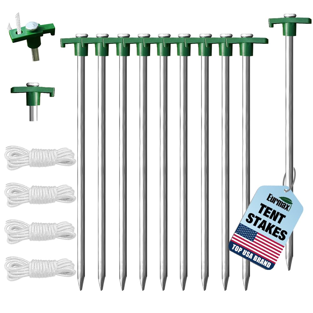 Eurmax USA 10-Pack Secure Protection Galvanized Tent Stakes,Rust-Proof Steel Canopy Anchors for High Winds,Heavy Duty Commercial Ground Pegs for Camping,Pop Up Tents&Gazebos - Includes 4x10ft Ropes