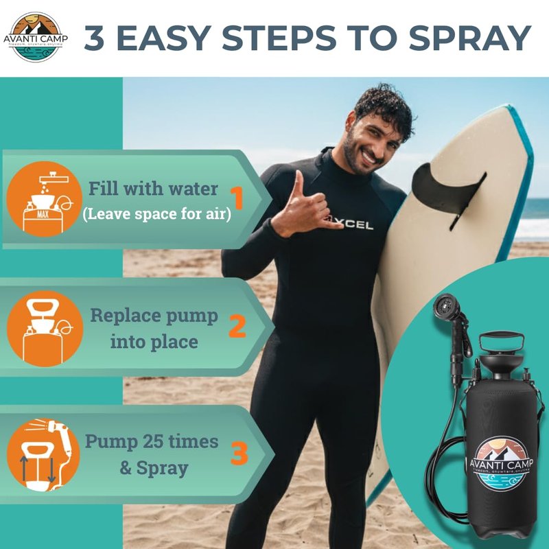 AVANTI CAMP 2.1 Gallon Pressurized Portable Camping Shower | 10 Spray Modes | Neoprene Insulated Cover & Padded Shoulder Strap | Beach Shower for Surf, Travel, Van Life & Sand | Pet Rinse Kit | Black