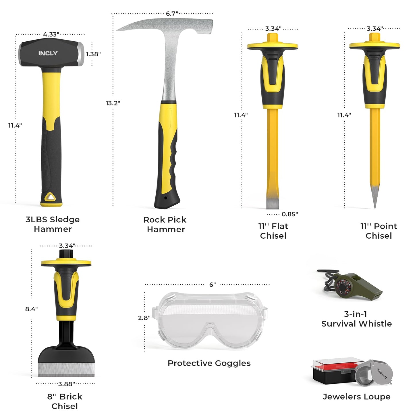 INCLY 8PCS Geology Rock Pick Equipment Kit, 3lb Sledge & 32oz Rock Hammer with 3PCS Concrete Chisel, Safety Goggles, Jewelers Loupe, Rock Hounding Equipment for Splitting, GoldMining, Stone Breaking