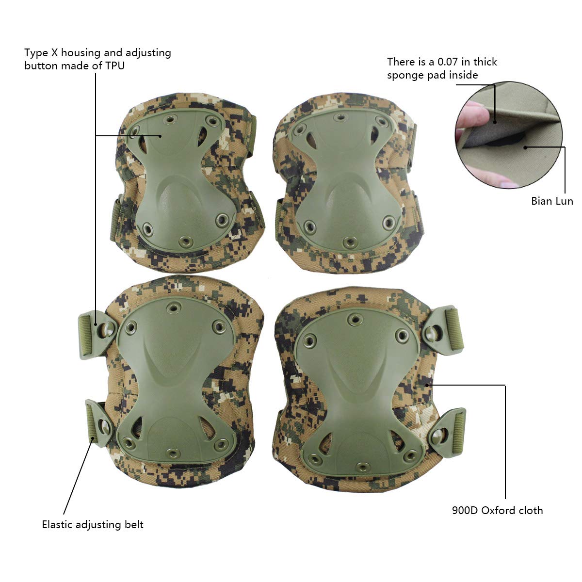 Tactical Combat Knee & Elbow Protective Pads Set for Outdoor CS Paintball Game Cycling Safety Skateboarding Gear Skates Knee Protection Guard Pads (DW)