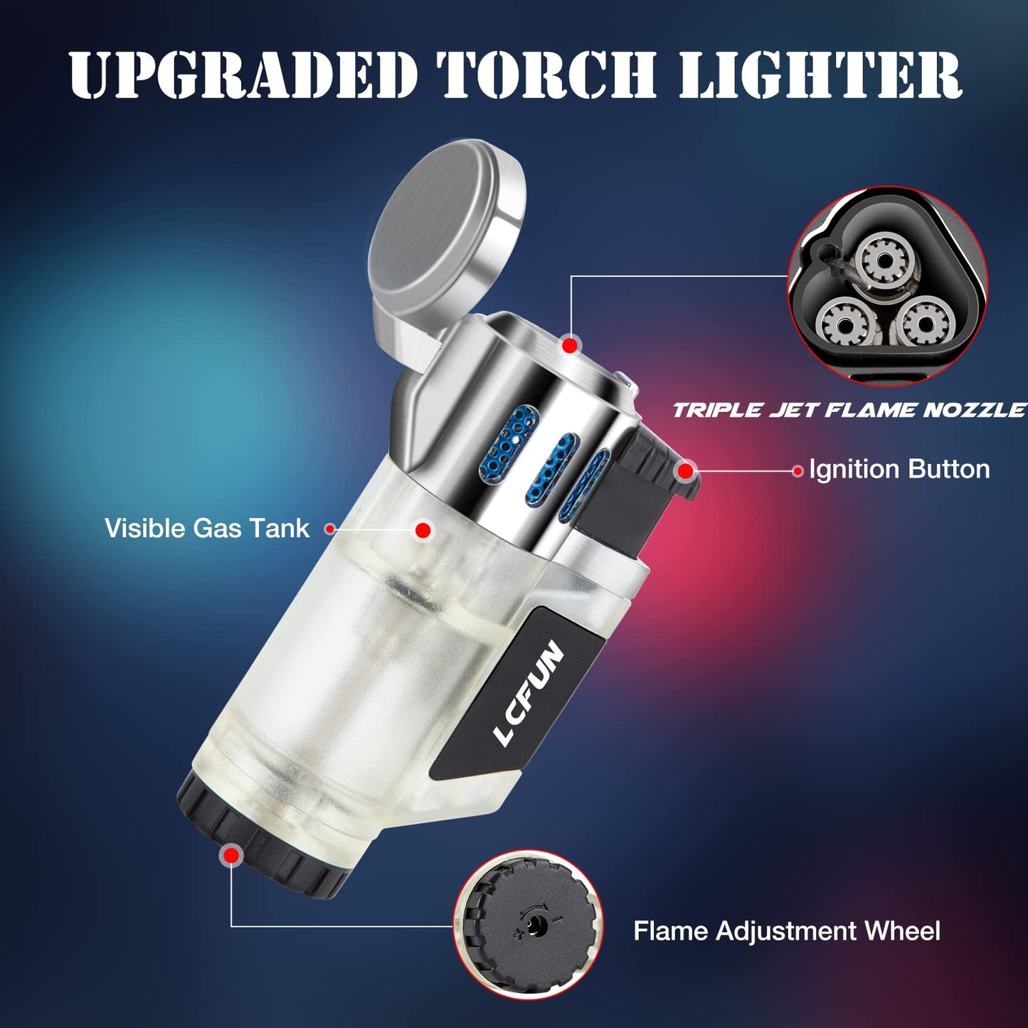 LcFun Torch Lighter 2 Pack Refillable Butane Lighter Triple Jet Lighter Fluid Gas Lighter 3 Flame Windproof Lighters for Camping, Candle-Butane Not Included (Black & Silver)