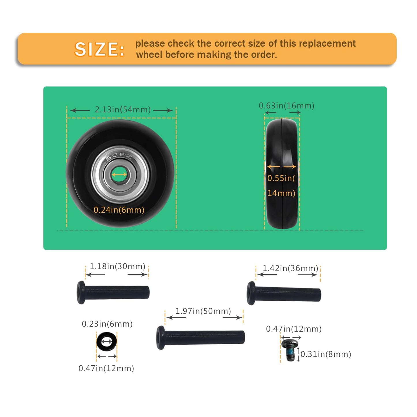 Luggage Suitcase Replacement Wheels 2.13inch(54mm) Diameter 8 Pcs 0.55inch(14mm) Thickness Wheel with 3 Sizes Axle Wear-Resistant Mute Rubber Swivel Caster Repair Kits for Trolley Bag Travel Box