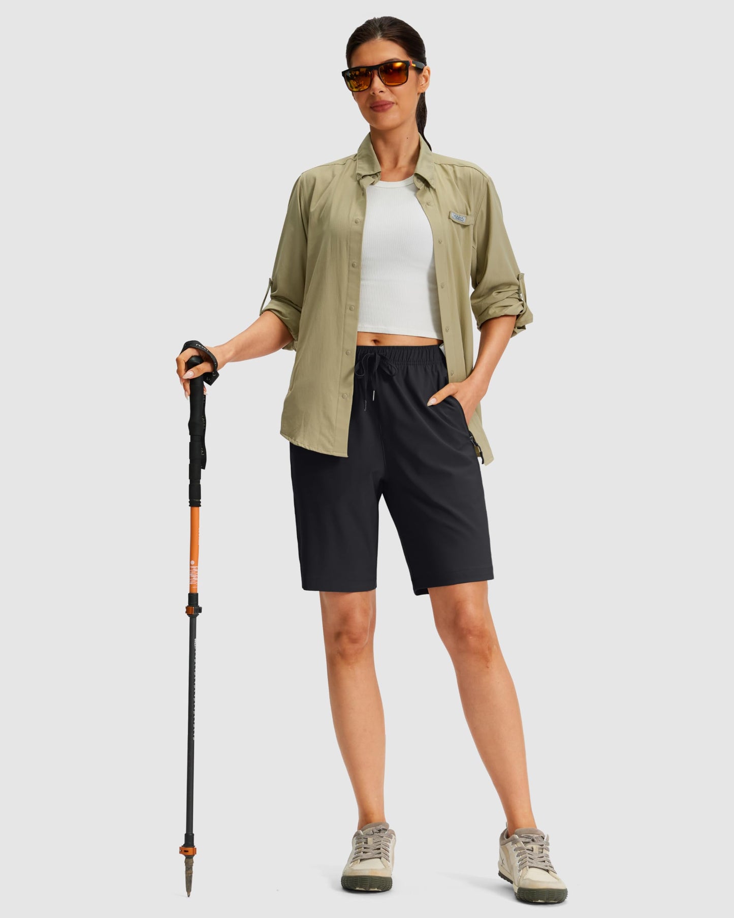 Viodia Women's 9''/11'' Hiking Shorts Long Bermuda Lightweight Shorts Quick Dry Athletic Golf Shorts with 3 Zipper Pockets Black L9 XL