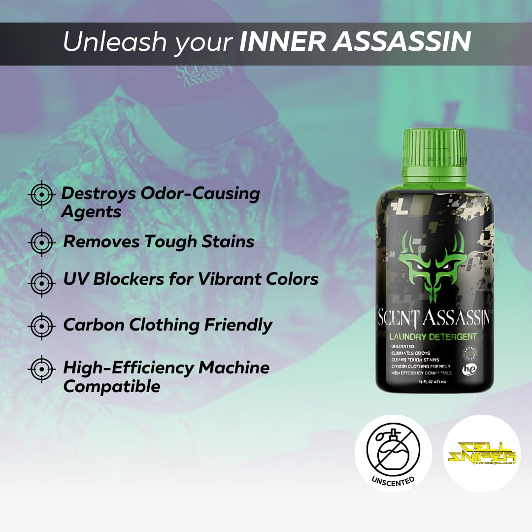Scent Assassin Laundry Detergent - Unscented - 16oz - Scent Free Laundry Detergent - Hunting Detergent - Hunting Scent Eliminator - Scent Away for Hunting and Camping