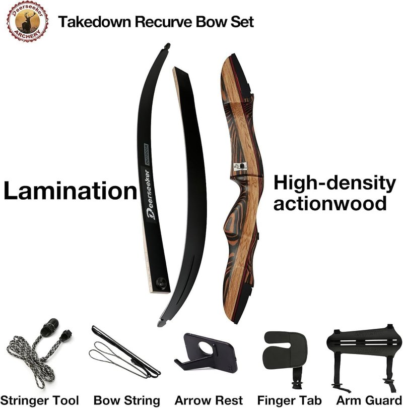 Deerseeker 62" Takedown Recurve Bow Set - Right & Left-Handed Riser, 20-60 lbs for Archery Practice & Hunting
