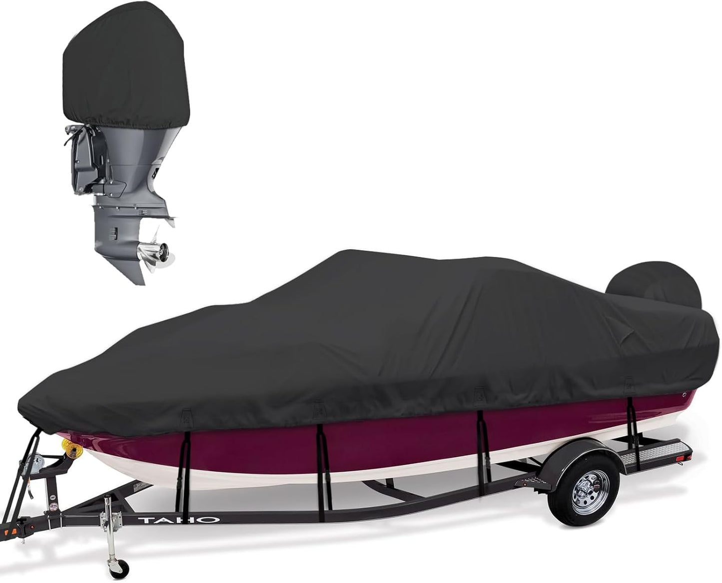 Bass Boat Covers | 600D Heavy Duty Waterproof Cover for 17-19ft V-Hull & Fishing Boats - Includes Motor Cover