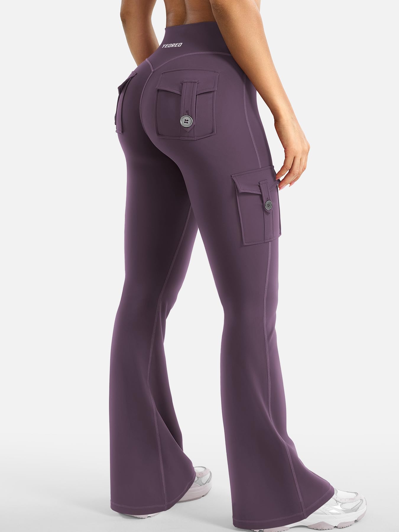 YEOREO CoreFlex Women Workout Flare Leggings with Pockets Hidden Scrunch Cargo Gym Yoga No Front Seam Leggings Black Berry Purple L