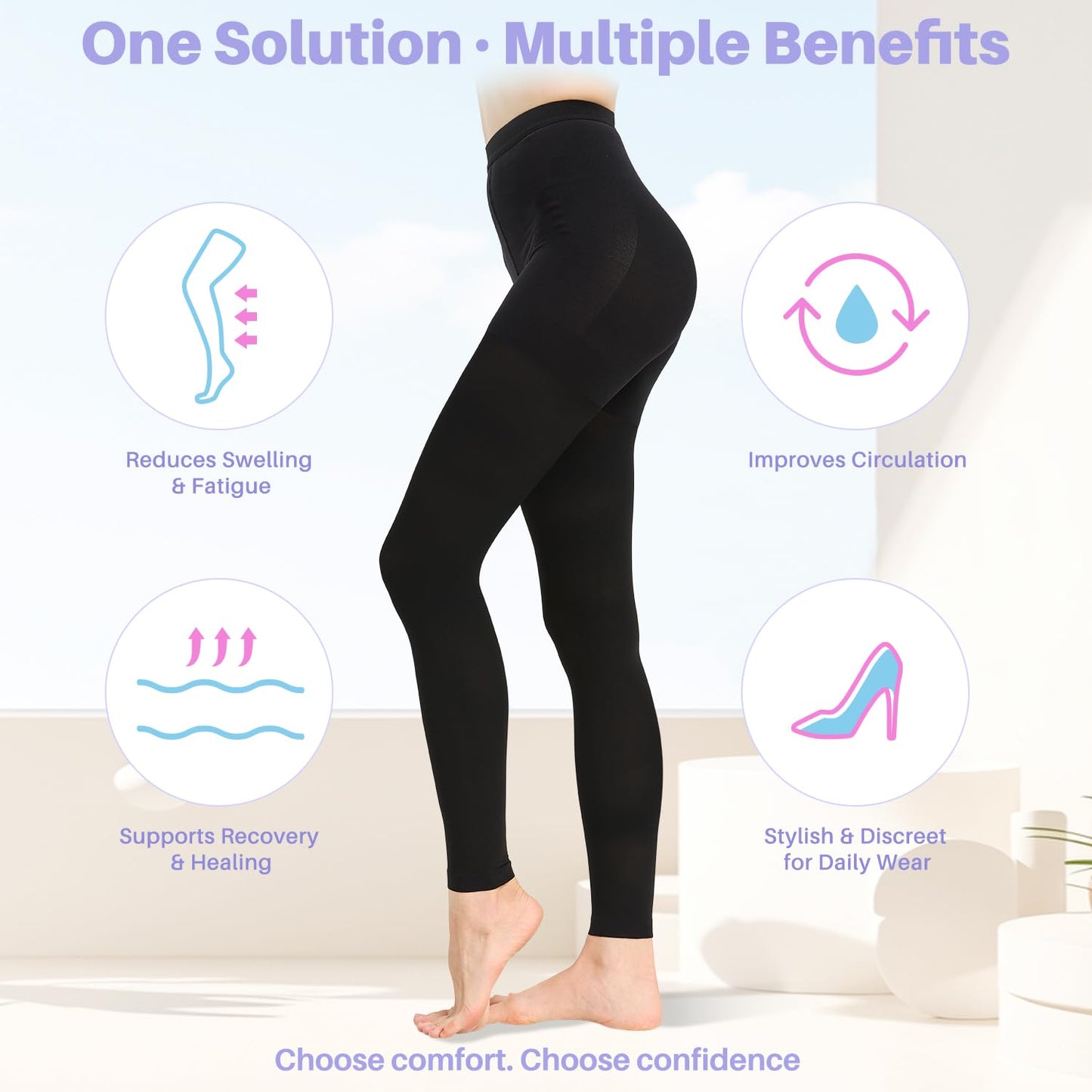 20-30 mmHg Graduated Compression Pantyhose for Women, Footless High Waist Support Compression Tights & Leggings for Swelling Relief, Circulation Boost & Travel Comfort, Black, X-Large
